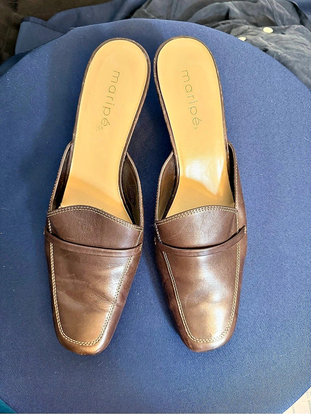 Maripe Brown Leather Square Toe Kitten Heeled Mules